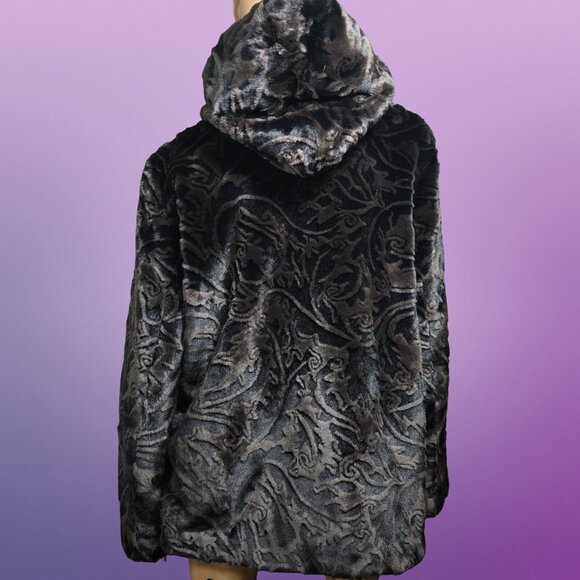 Y2K Faux Fur Coat Size XL Black Brown Mid Length Boho Glam Velvety Luxurious - Picture 7 of 12